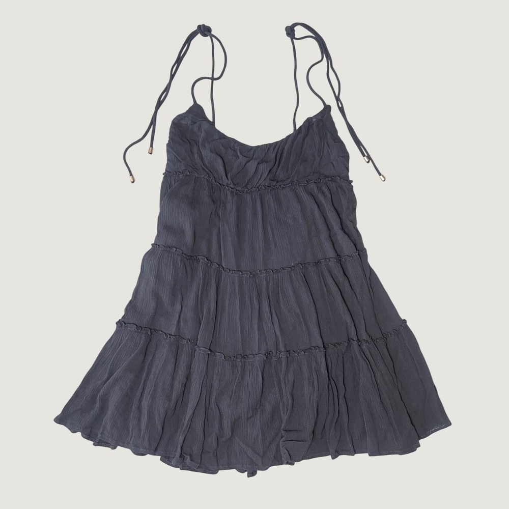 Babydoll Tiered Dress Fairy Grunge Gray Olivaceous Tie Straps Smocked Size Large